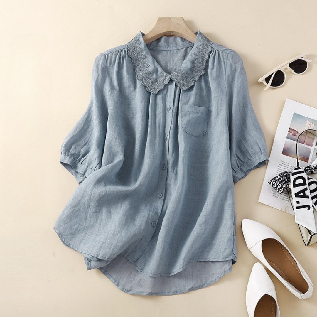 Cleevanzo™ | Blouse Boutonnée à Col Dentelle